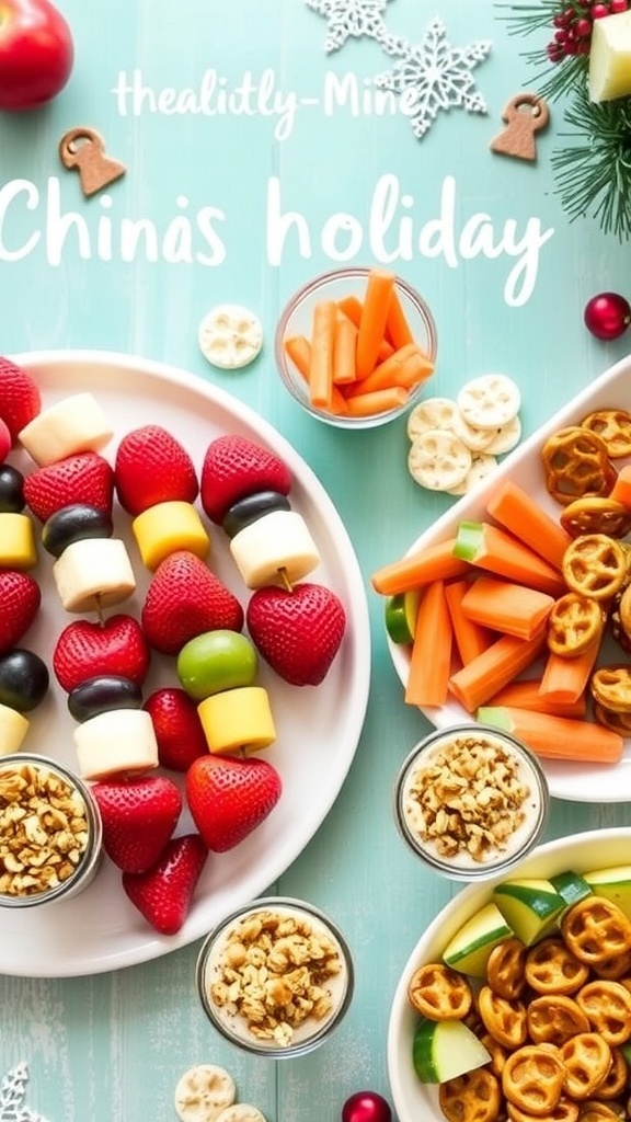 A colorful spread of healthy Christmas party food for kids, including fruit skewers, veggie platter, granola cups, and pretzels.